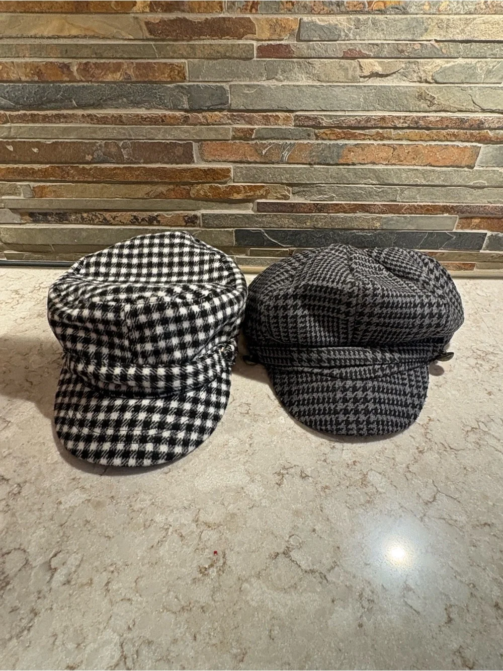 2 Black & White Houndstooth Baker Boy Caps